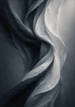 Graphite minimalist bedroom wall art featuring a flowing abstract sculptural form with layered folds and silver-gray highlights for elegant interiors