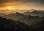 Espresso Gallery neutral bedroom wall art print featuring layered mountain ridges beneath a tranquil sunrise for sophisticated interiors