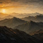 Espresso Gallery neutral bedroom wall art print featuring layered mountain ridges beneath a tranquil sunrise for sophisticated interiors