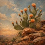 Clay & Moss boho wall art for bedroom print featuring a flowering cactus among desert rock formations for elegant interiors