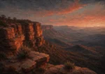 Chocolate & Coral brown wall art for bedroom print featuring a sandstone escarpment above rolling hills for elegant interiors