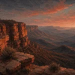 Chocolate & Coral brown wall art for bedroom print featuring a sandstone escarpment above rolling hills for elegant interiors