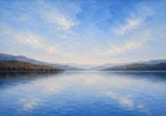 Powder blue simple bedroom wall art featuring a tranquil lake, distant hills, and cocoa shoreline beneath an expansive sky