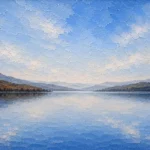 Powder blue simple bedroom wall art featuring a tranquil lake, distant hills, and cocoa shoreline beneath an expansive sky