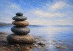 Powder blue simple bedroom wall art featuring stacked shoreline stones with cocoa tones and a tranquil coastal horizon