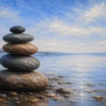 Powder blue simple bedroom wall art featuring stacked shoreline stones with cocoa tones and a tranquil coastal horizon