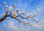 Powder blue simple bedroom wall art featuring a flowering tree branch with cocoa bark against a serene open sky