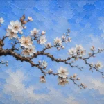 Powder blue simple bedroom wall art featuring a flowering tree branch with cocoa bark against a serene open sky