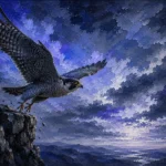 Ink blue modern wall art for guys bedroom featuring a soaring peregrine falcon above rugged cliffs and dramatic clouds