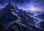 Ink blue modern wall art for guys bedroom featuring geometric mountain ridges above misty valleys under dramatic dawn light