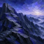 Ink blue modern wall art for guys bedroom featuring geometric mountain ridges above misty valleys under dramatic dawn light