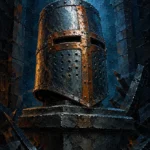 Prussian and rust mens wall art bedroom featuring a medieval knight's great helm on a weathered stone pedestal