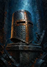 Prussian and rust mens wall art bedroom featuring a medieval knight's great helm on a weathered stone pedestal