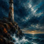 Prussian and rust mens wall art bedroom featuring a weathered lighthouse above rugged ocean cliffs and dramatic waves