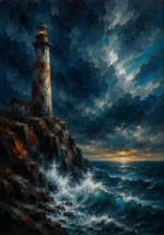 Prussian and rust mens wall art bedroom featuring a weathered lighthouse above rugged ocean cliffs and dramatic waves