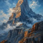 Sapphire and copper wall art for mens bedroom print featuring a towering mountain peak with alpine cliffs and dramatic clouds for elegant interiors