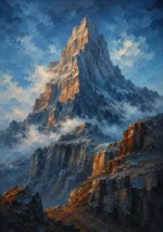 Sapphire and copper wall art for mens bedroom print featuring a towering mountain peak with alpine cliffs and dramatic clouds for elegant interiors