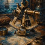 Sapphire and copper wall art for mens bedroom print featuring an antique sextant on a maritime chart with brass details for refined interiors