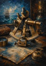 Sapphire and copper wall art for mens bedroom print featuring an antique sextant on a maritime chart with brass details for refined interiors