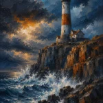 Sapphire and copper wall art for mens bedroom print featuring a lighthouse on coastal cliffs with waves and storm clouds for elegant interiors