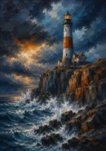 Sapphire and copper wall art for mens bedroom print featuring a lighthouse on coastal cliffs with waves and storm clouds for elegant interiors