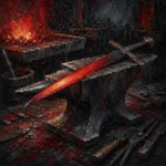 Burgundy Library mens bedroom art print featuring a forged sword on an anvil with steel tools and dramatic metal details for elegant interiors