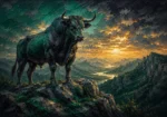 Emerald Editorial bedroom art for guys print featuring a powerful bull on a mountain plateau with green landscape and golden light details for elegant interiors