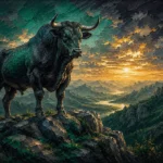 Emerald Editorial bedroom art for guys print featuring a powerful bull on a mountain plateau with green landscape and golden light details for elegant interiors