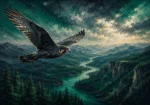 Emerald Editorial bedroom art for guys print featuring a soaring falcon above evergreen forests and river valleys with natural landscape details for elegant interiors
