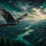 Emerald Editorial bedroom art for guys print featuring a soaring falcon above evergreen forests and river valleys with natural landscape details for elegant interiors