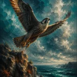 Petrol and rust masculine art for bedroom print featuring a soaring falcon above coastal cliffs with ocean and sky details for elegant interiors