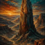 Petrol and rust masculine art for bedroom print featuring a desert stone monolith, canyon landscape, and dramatic sunset tones for elegant interiors
