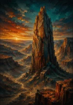 Petrol and rust masculine art for bedroom print featuring a desert stone monolith, canyon landscape, and dramatic sunset tones for elegant interiors