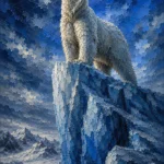 Midnight navy male bedroom artwork print featuring a polar bear on an icy mountain ridge with blue glacier tones for elegant interiors