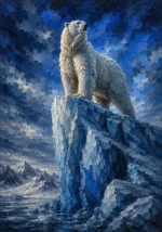 Midnight navy male bedroom artwork print featuring a polar bear on an icy mountain ridge with blue glacier tones for elegant interiors