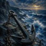 Midnight navy male bedroom artwork print featuring an antique anchor on coastal rocks with ocean waves and misty blue tones for elegant interiors