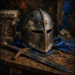 Walnut and blue masculine wall art for bedroom print featuring a medieval helmet, sword, and textured wooden table for elegant interiors