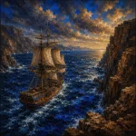 Walnut and blue masculine wall art for bedroom print featuring a sailing ship between ocean cliffs with dramatic waves for elegant interiors