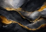 Charcoal and gold black and gold abstract wall art print featuring flowing waves and luminous accents for elegant interiors