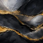 Charcoal and gold black and gold abstract wall art print featuring flowing waves and luminous accents for elegant interiors