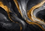Charcoal and gold black and gold abstract wall art print featuring flowing mineral forms and golden arcs for elegant interiors