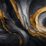 Charcoal and gold black and gold abstract wall art print featuring flowing mineral forms and golden arcs for elegant interiors