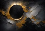 Charcoal and gold black and gold abstract wall art print featuring an eclipse-inspired circular form with metallic textures for elegant interiors