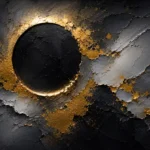 Charcoal and gold black and gold abstract wall art print featuring an eclipse-inspired circular form with metallic textures for elegant interiors