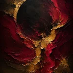 Merlot and antique gold abstract black and gold wall art print featuring a circular garnet form with gold textures for elegant interiors