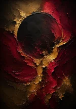 Merlot and antique gold abstract black and gold wall art print featuring a circular garnet form with gold textures for elegant interiors