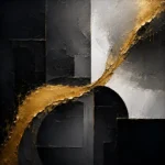 Charcoal and gold black gold and white abstract art print featuring geometric black forms with gold movement and white highlights for elegant interiors