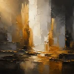 Antique gold luxe black white gold abstract print featuring a monumental gold structure with white highlights and charcoal shadows for elegant interiors