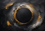 Charcoal black gold grey abstract art print featuring a dark circular form with gold accents and layered textures for elegant interiors