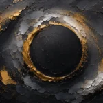 Charcoal black gold grey abstract art print featuring a dark circular form with gold accents and layered textures for elegant interiors